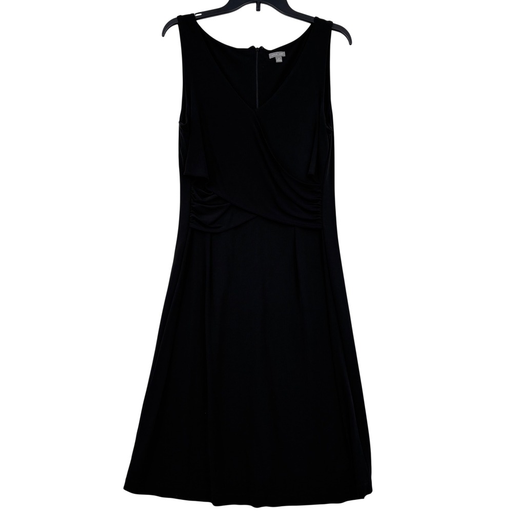 Ann Taylor Dress Size 10 Black Faux Wrap Sleeveless A Line LBD Stretch Knit